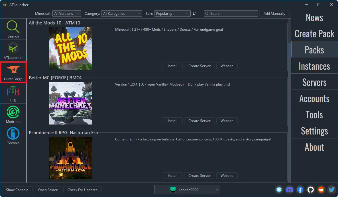 The 'Packs' screen in ATLauncher, with the 'CurseForge' source tab selected at the top.