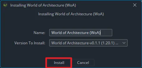 The version selection dialog in ATLauncher, with the 'Install' button highlighted.