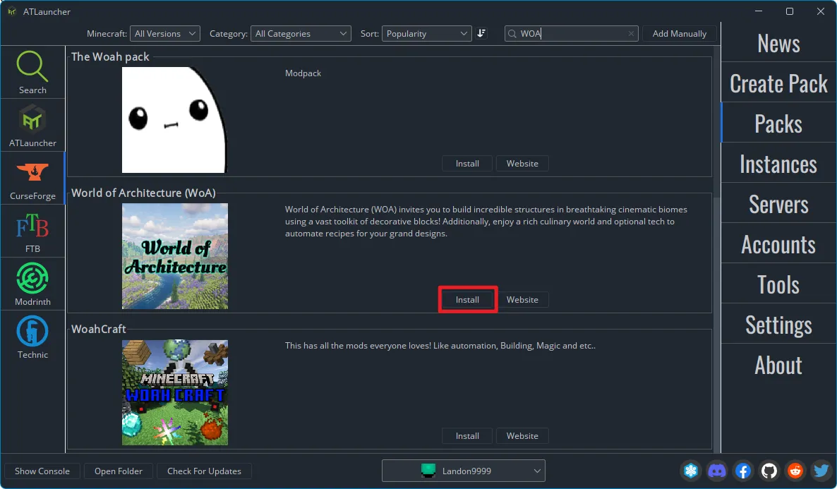 The modpack page in ATLauncher, with the 'New Instance' button highlighted.