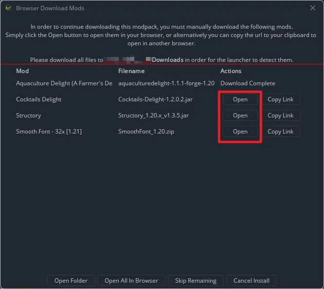 The 'Missing Files' dialog in ATLauncher, prompting the user to download mods manually via provided links.