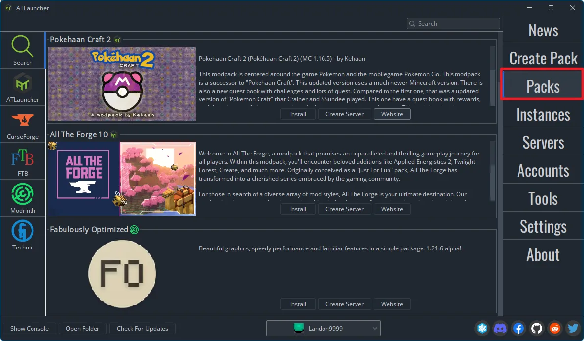 The ATLauncher interface with the 'Packs' tab selected from the right-hand menu.