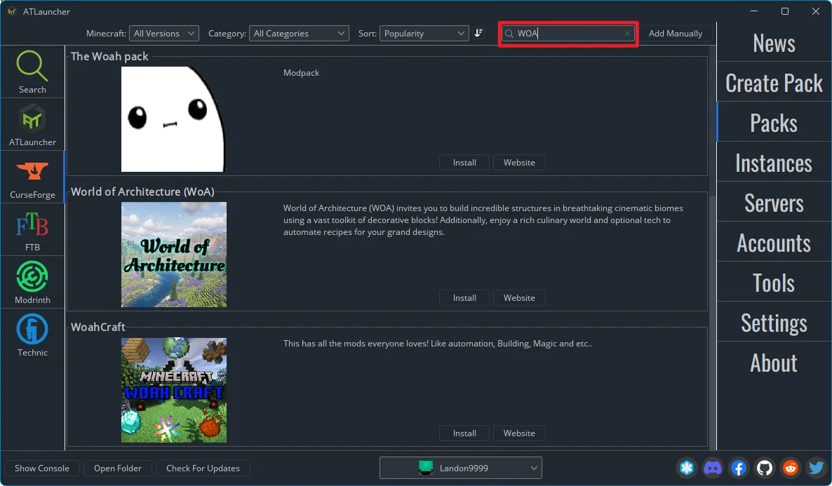 Searching for 'WOA' within the ATLauncher CurseForge pack list.