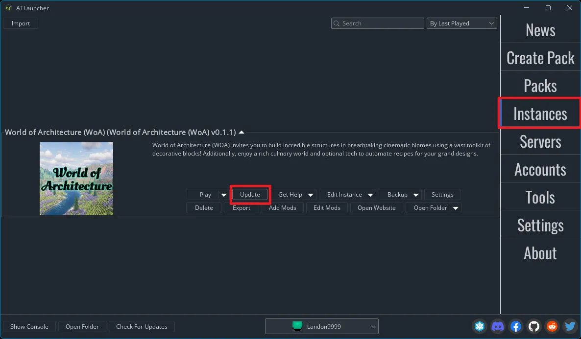Screenshot of the ATLauncher 'Instances' tab. A red box highlights the 'Update' button on the World of Architecture modpack instance.