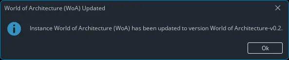 A success dialog box from ATLauncher titled 'Update Complete' with the message 'The pack World of Architecture has been updated successfully!'