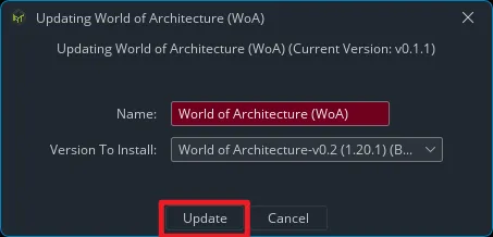 Screenshot of the 'Update Pack' window in ATLauncher. The latest version is selected in the dropdown menu, and a red box highlights the 'Update' button.