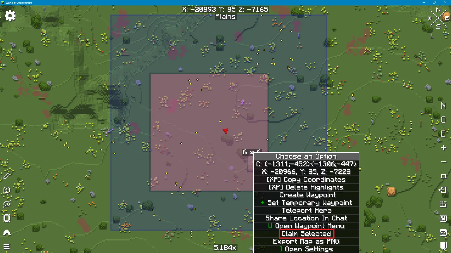A dialog box titled 'Claiming' has appeared on the map. It shows the number of chunks selected, and a red box highlights the 'Claim Selected' button.