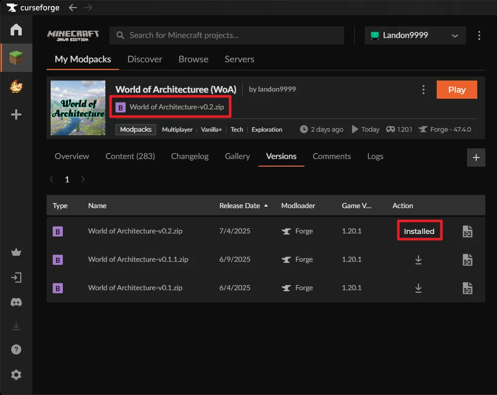 Screenshot of the CurseForge Versions tab after updating. The latest version now displays 'Installed', and the version is listed below the modpack title.