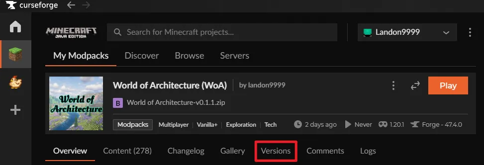 Screenshot of the CurseForge app showing the World of Architecture modpack page. A red box highlights the 'Versions' tab.