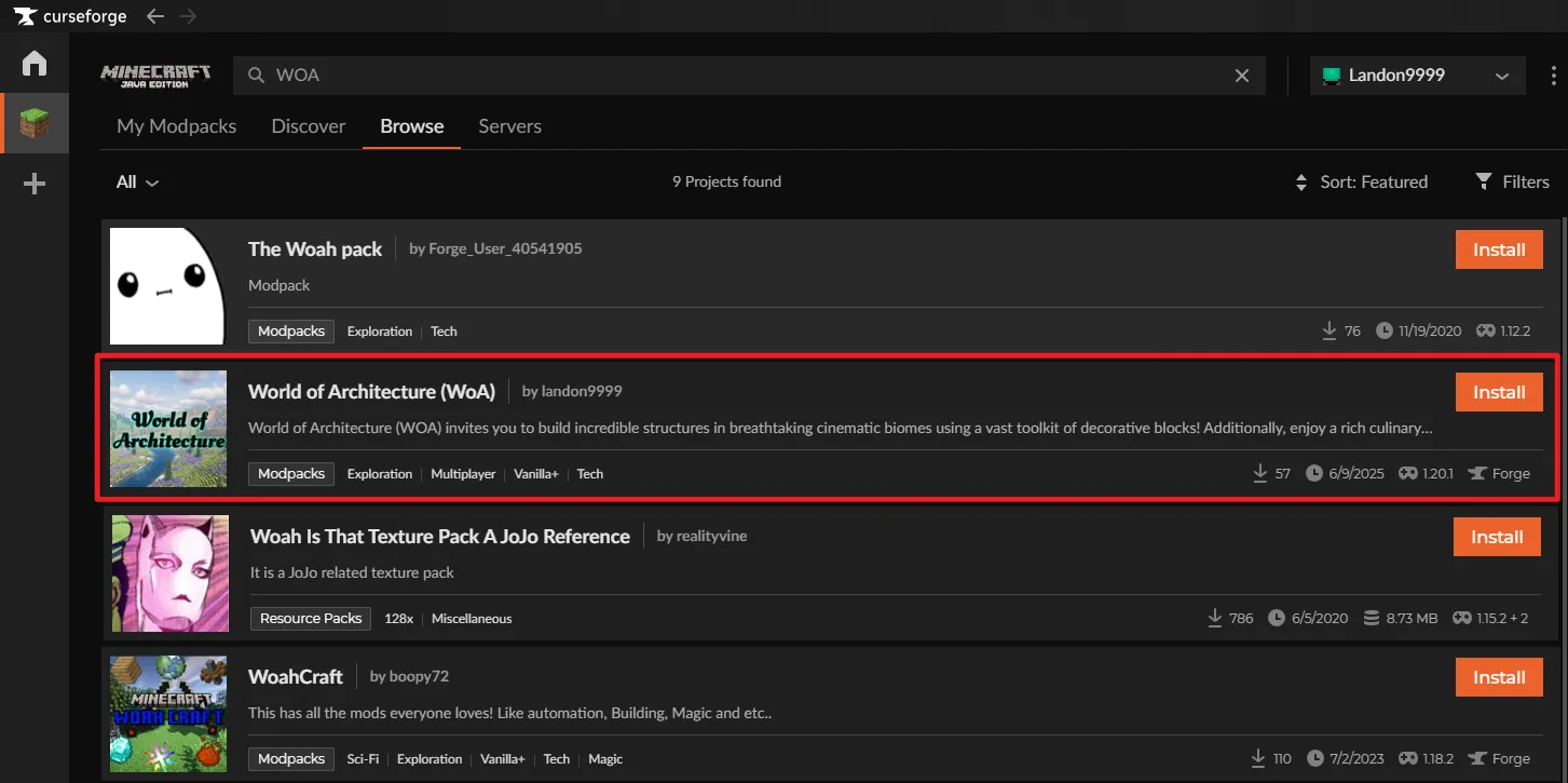 Search results in the CurseForge App, with the World of Architecture modpack highlighted and an 'Install' button visible.