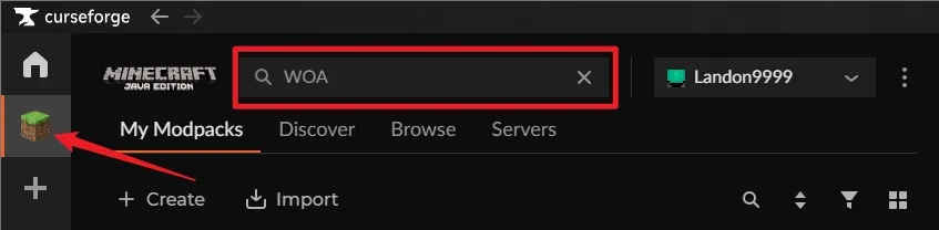 The CurseForge App with the search bar at the top highlighted, showing 'WOA' being typed.