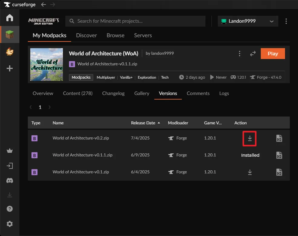 Screenshot of the Versions tab in CurseForge. A red box highlights the download arrow icon next to the latest version of the modpack, indicating an available update.