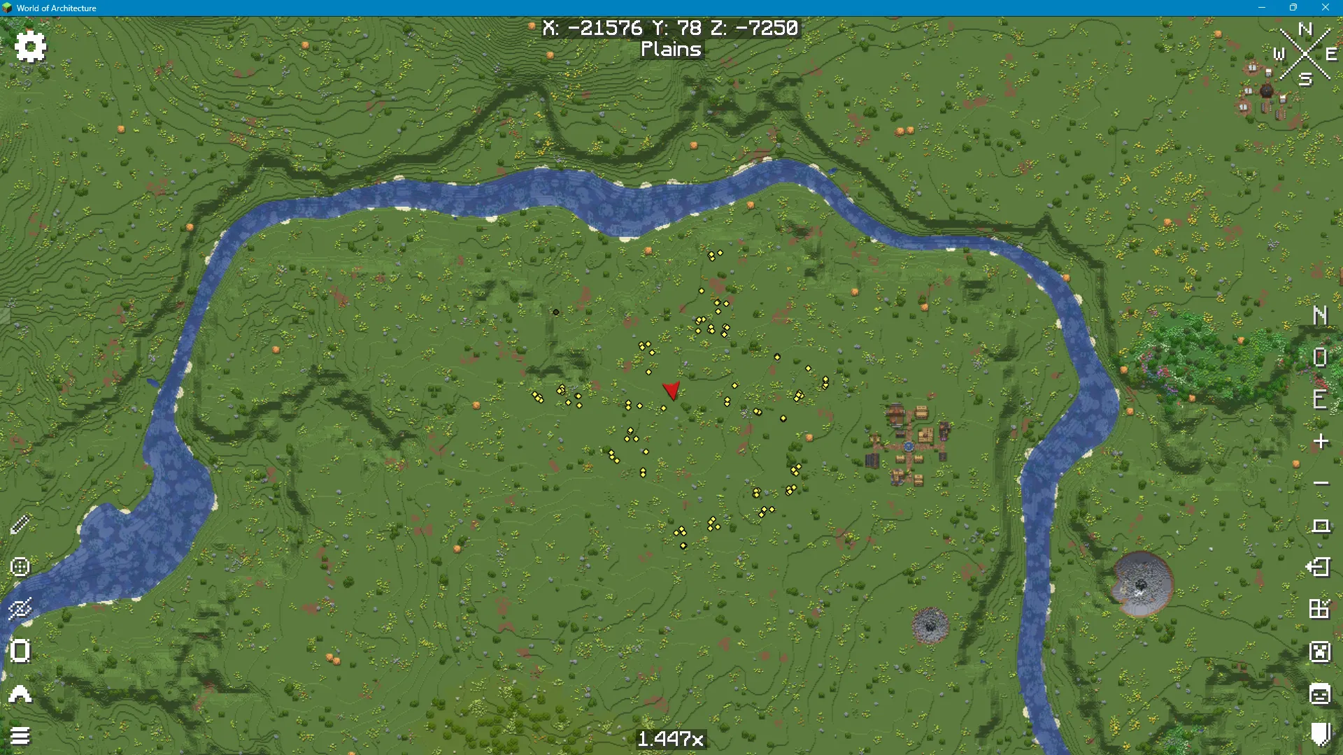 A full-screen view of Xaero's World Map, showing the player's current location and surrounding terrain.