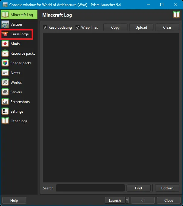 Screenshot of the 'Edit Instance' window in Prism Launcher. A red box highlights 'CurseForge' in the left-hand navigation menu.