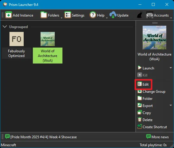 Screenshot of the Prism Launcher main window with the World of Architecture instance selected. A red box highlights the 'Edit' button in the right-hand panel.