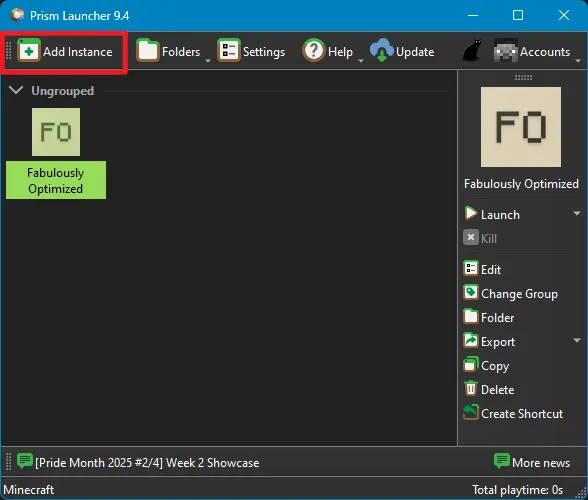 The main Prism Launcher window with the 'Add Instance' button in the top-left corner highlighted.