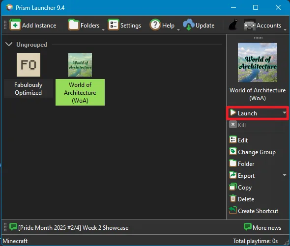 The main Prism Launcher window showing the newly installed modpack instance, with the 'Launch' button highlighted.