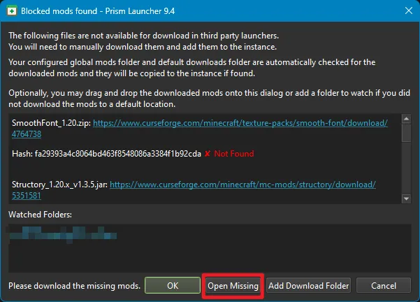The 'Missing Mods' dialog in Prism Launcher, showing a list of mods that need to be downloaded manually and a 'Download All' button.