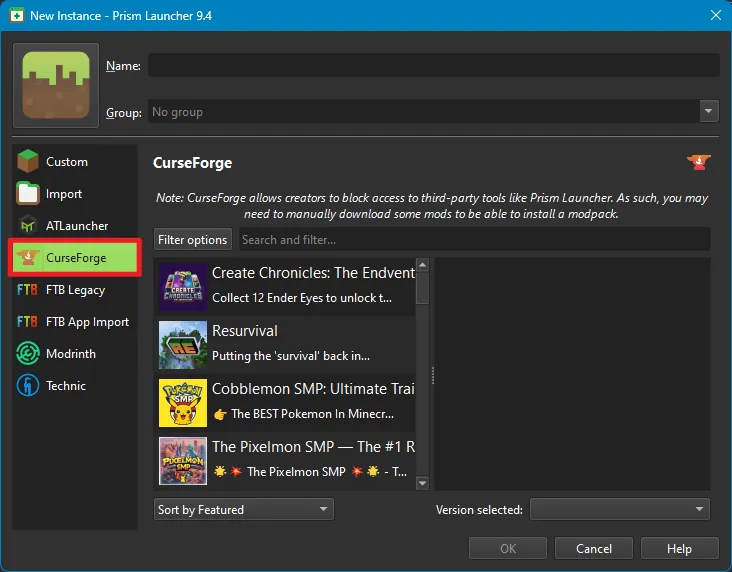 The 'Add Instance' dialog in Prism Launcher, with 'CurseForge' selected as the source on the left-hand menu.