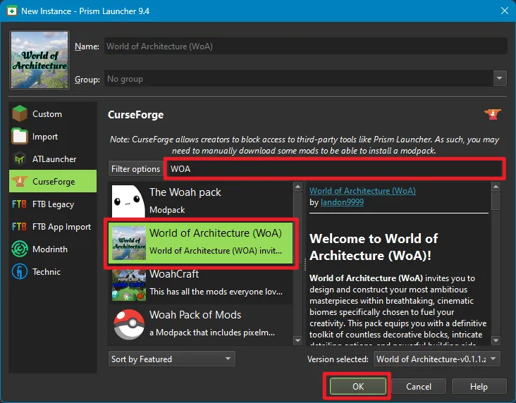Searching for 'WOA' in Prism Launcher's CurseForge browser, with the modpack selected from the results list.