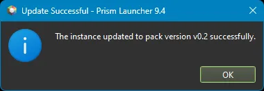 A success dialog box from Prism Launcher and the message 'The instance has been updated successfully.'