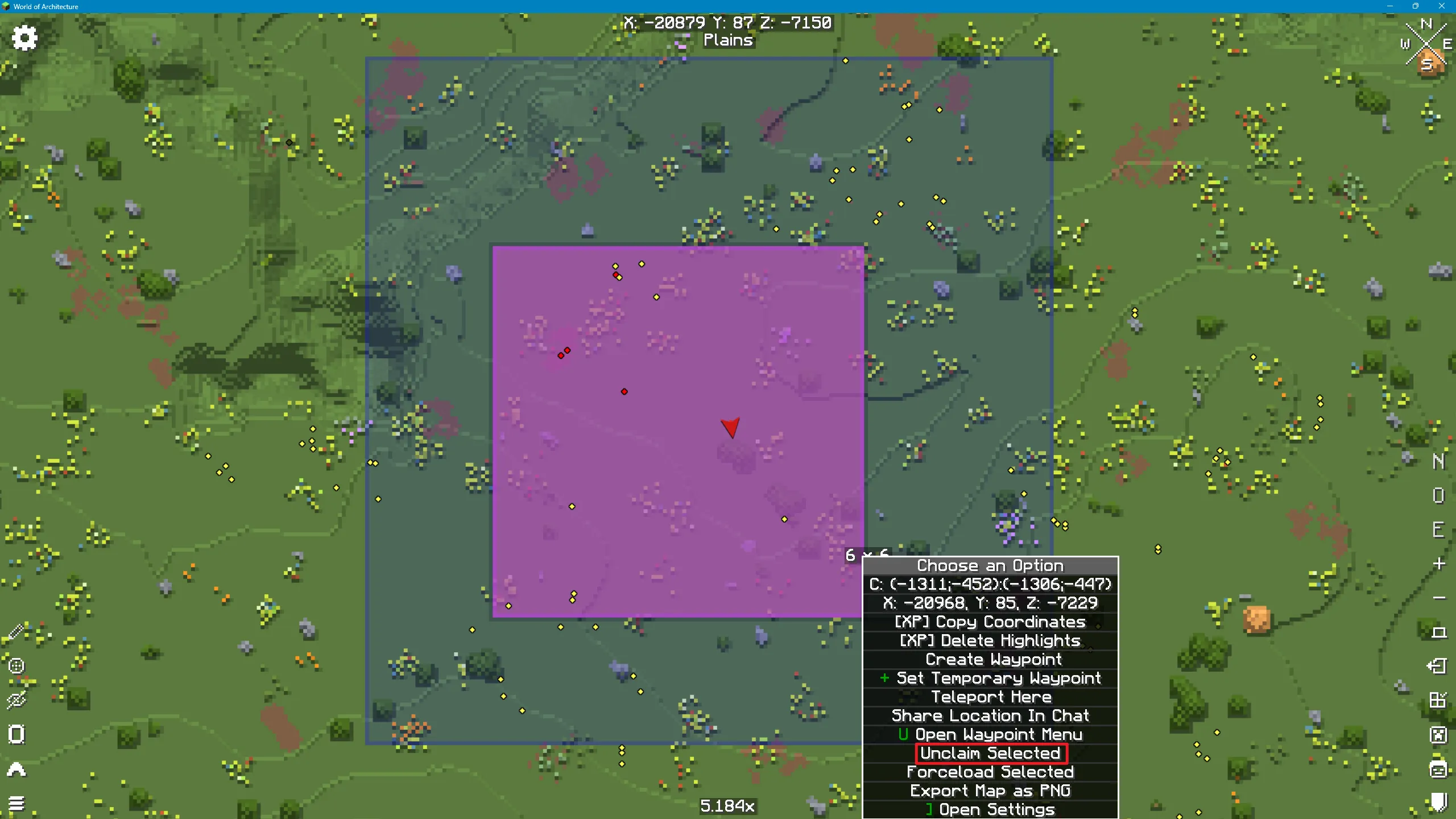 The 'Claiming' dialog box over an existing claim, with a red box highlighting the 'Unclaim Selected' button.