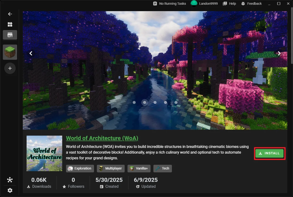 The modpack's page in XMCL, with the 'Install' button highlighted.