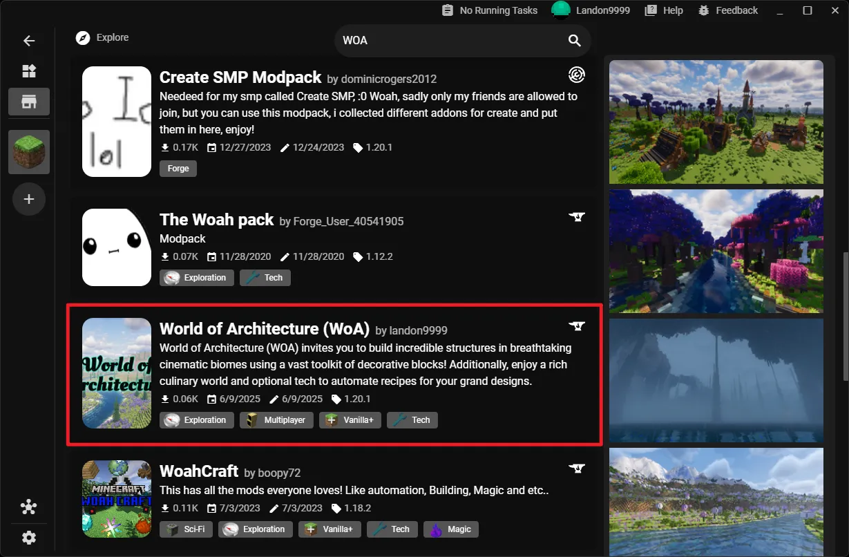 The search results in XMCL, with the World of Architecture modpack selected.