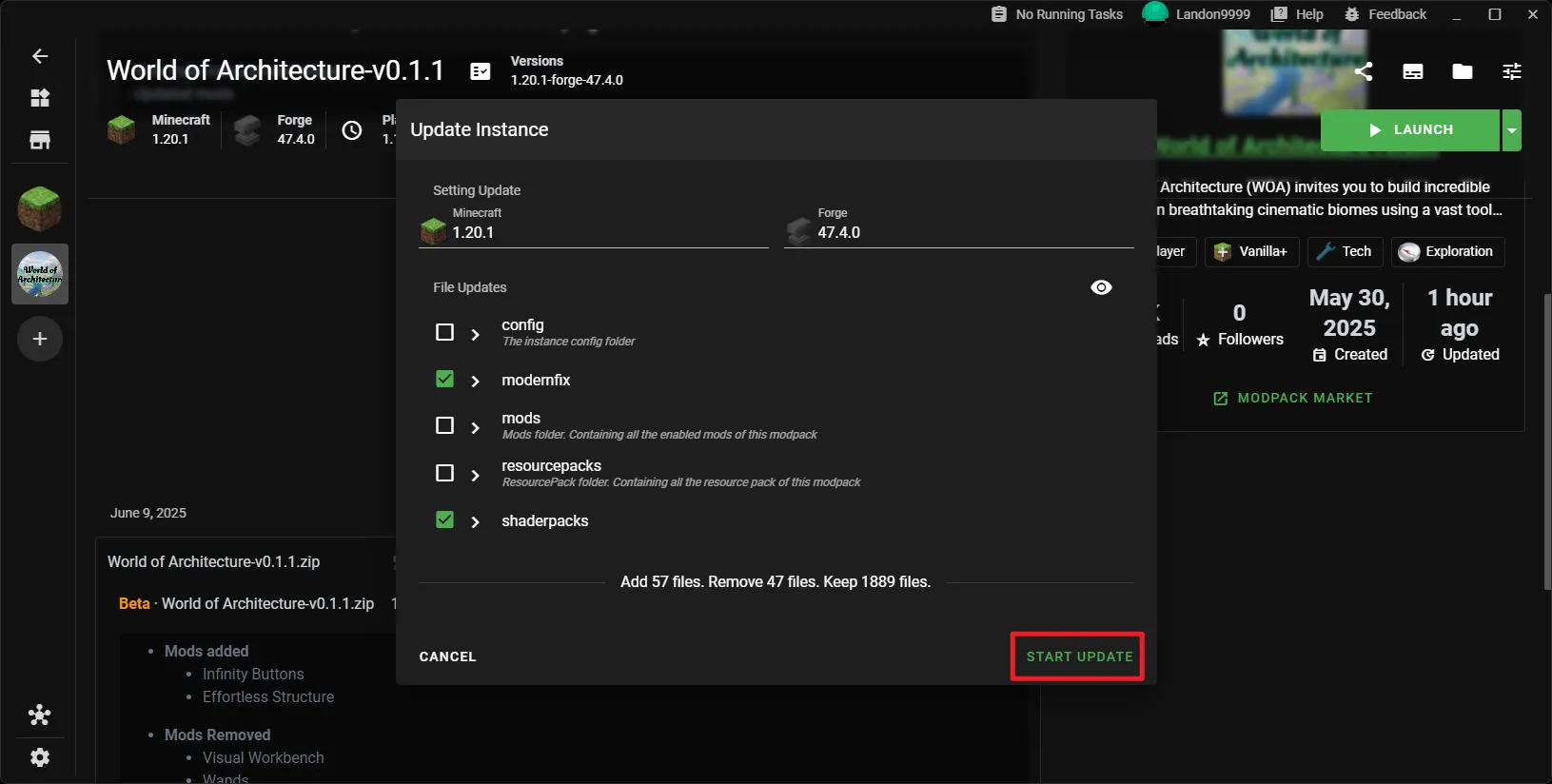 Screenshot of the 'Update Instance' dialog box in XMCL. A red box highlights the 'Start Update' button in the bottom right corner.