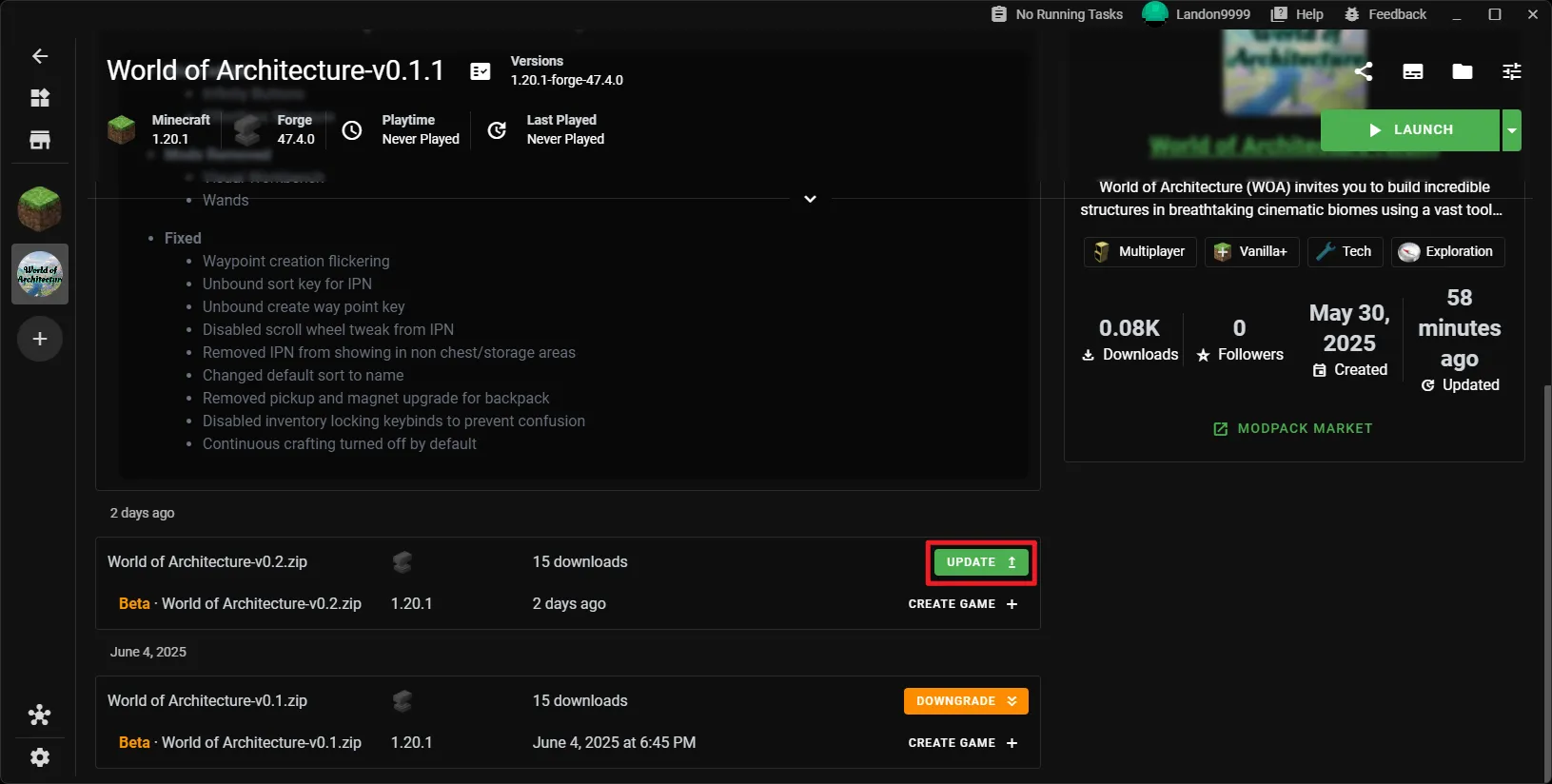 Screenshot of the XMCL launcher's instance page for World of Architecture. In the 'Modpack' section, a red box highlights the 'Update' button next to the latest available version.